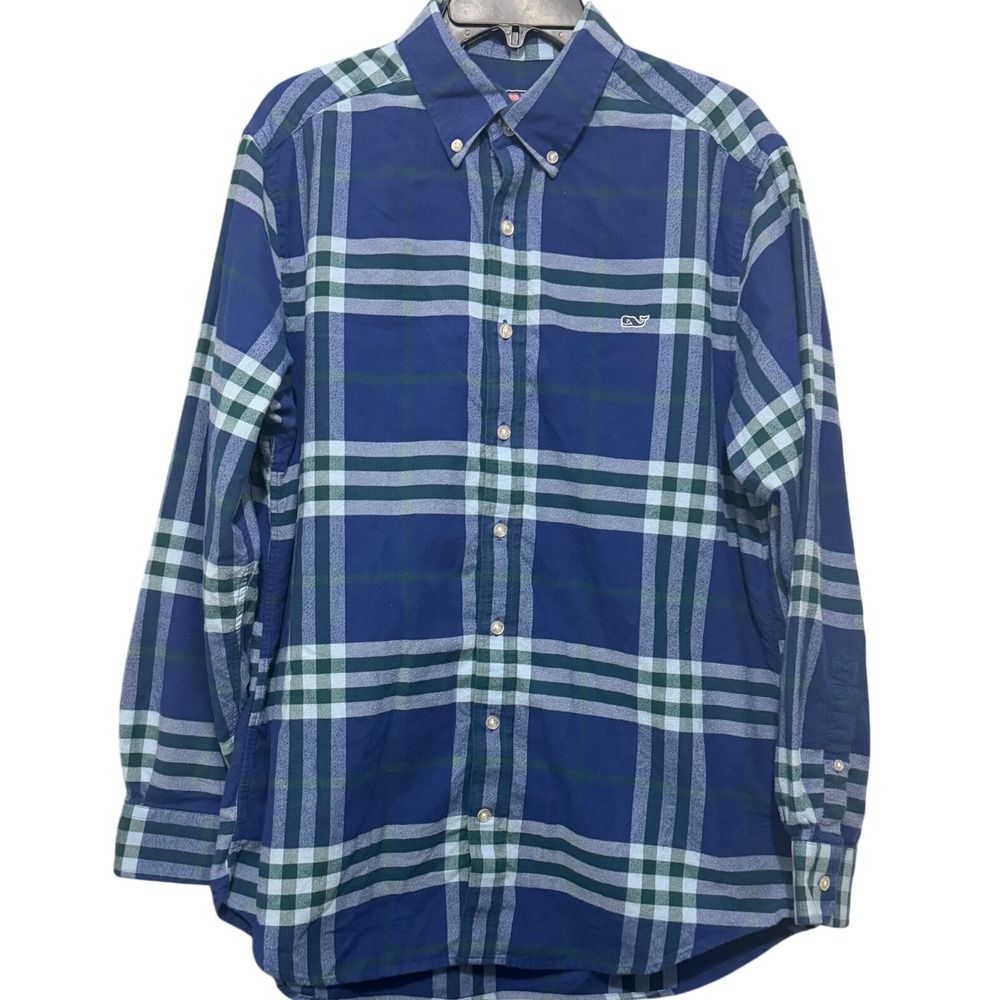 Vineyard Vines Mens Slim Fit Whale Shirt Blue Green Plaid Flannel Button Down L